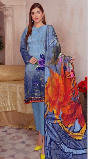 Elegant Blue Floral Unstitched 3-Piece Lawn Suit