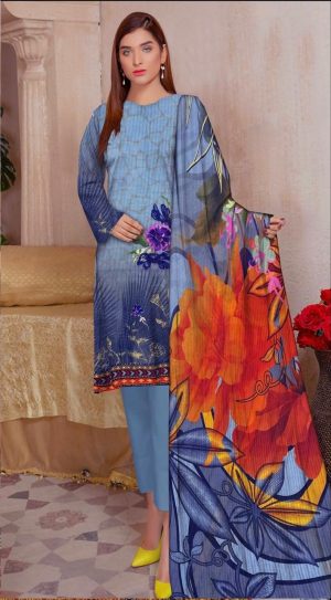Elegant Blue Blossom Unstitched 3-Piece Lawn Suit