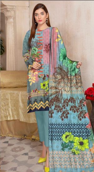 Vibrant Aqua Bloom Unstitched 3-Piece Lawn Suit